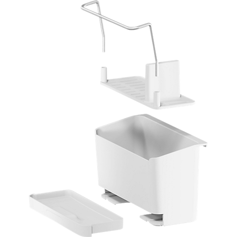 Pièces de réfrigérateur démontées: tiroir blanc, étagère, support. Vue détaillée mettant l'accent sur la structure et la conception des composants.