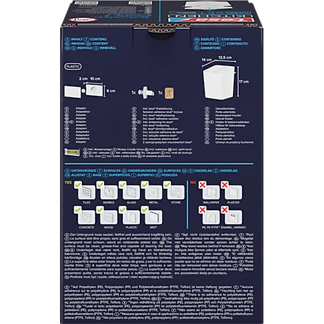 Dos d'un emballage de produit. Des graphiques affichent les composants, les dimensions et l'adéquation des surfaces, telles que les carreaux ou le métal.