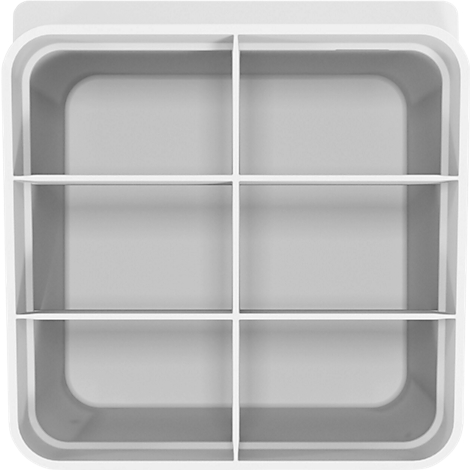 Vue de dessus d'un objet rectangulaire blanc avec six compartiments. Coins arrondis.