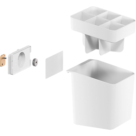Pièces démontées d'un système de rangement blanc : conteneur, insert avec compartiments, éléments de montage.