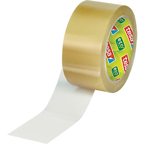 Tesa tape roll partially unrolled. Transparent adhesive tape with the manufacturer's logo.