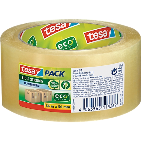 Roll of transparent tape, Tesa brand, labeled BIO & STRONG and eco logo.
