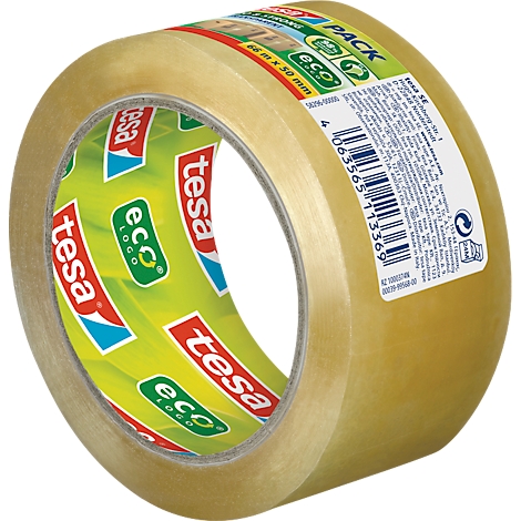 Roll of Tesa adhesive tape, partially unwound. Prints with logo, product information and barcode.