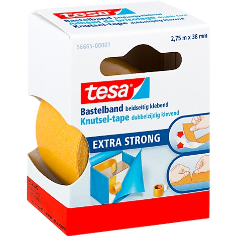 A package of double-sided adhesive tape from the brand Tesa. Prints show the product name and details. Yellow adhesive tape is visible.
