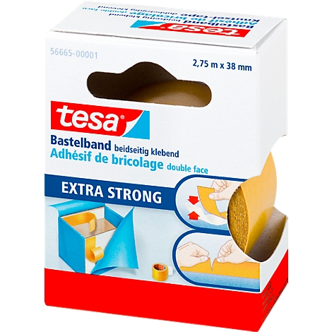 White cardboard packaging with 'tesa Bastelband' print. Details show a tape and its application. Text: EXTRA STRONG.