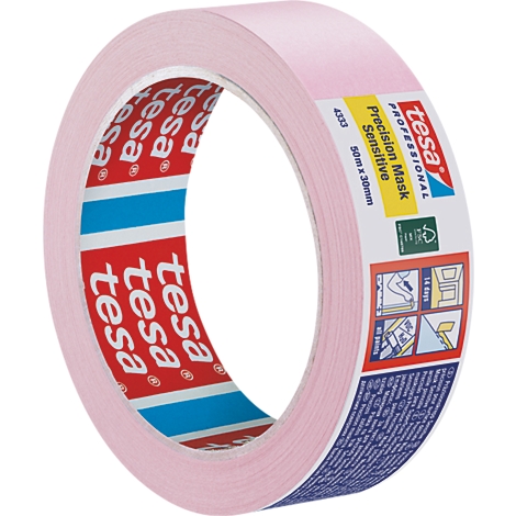 Rouleau de ruban de masquage rose clair avec impression du produit, "tesa Professional Precision Mask Sensitive".