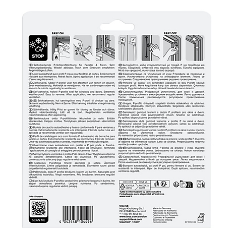 Rückseite einer tesa-Verpackung für P-Profil-Dichtungen mit Montageanleitung, Warnsymbolen und Barcode.