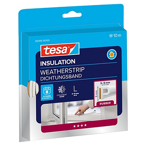Tesa Dichtungsband Verpackung mit Informationen zu 10m Länge und P-Profil für Spalten von 2-5mm.