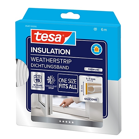 Tesa Premium Silikon-Dichtungsband in blauer Verpackung für Fenster und Türen, 6 Meter.