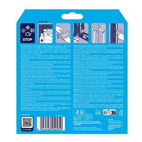Rückseite einer Produktverpackung für Silikon-Dichtungen mit Montageanleitung und Anwendungssymbolen.