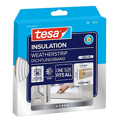 Tesa Premium Dichtungsband für Fenster und Türen in blauer Verpackung mit Anwendungshinweisen.