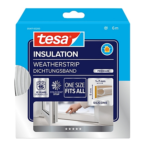 Tesa Premium Dichtungsband Verpackung mit Informationen zu 15 Jahren Haltbarkeit und Anwendung am Fenster.