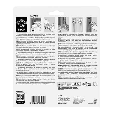 Rückseite einer Produktverpackung für Fenster- und Türdichtungen mit bebilderten Anwendungshinweisen und Text.