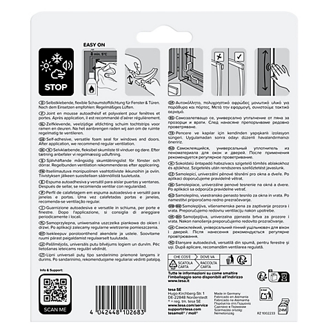 Rückseite einer Produktverpackung für Fenster- und Türdichtungen mit Gebrauchsanweisung und QR-Code.