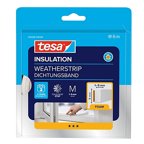 Tesa Dichtungsband aus Schaumstoff für Lücken von 1-5 mm. Packung mit 6 m Länge zur Fensterisolierung.