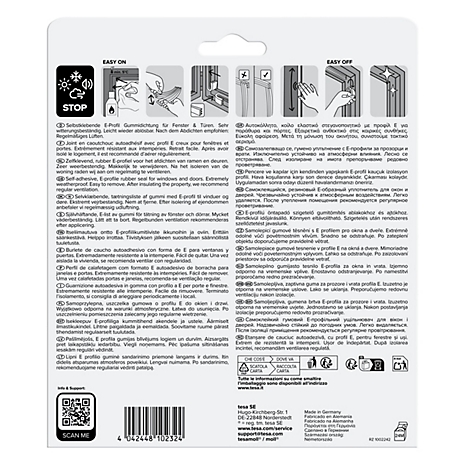 Rückseite einer Produktverpackung für eine E-Profil Gummidichtung mit Montageanleitung und QR-Code.
