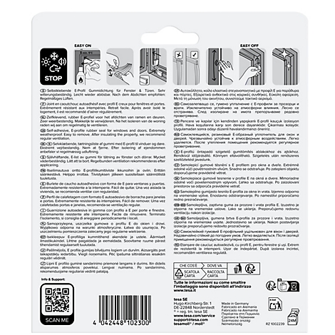 Rückseite einer Produktverpackung für E-Profil Gummidichtungen mit Anleitungsbildern und mehrsprachigen Hinweisen.