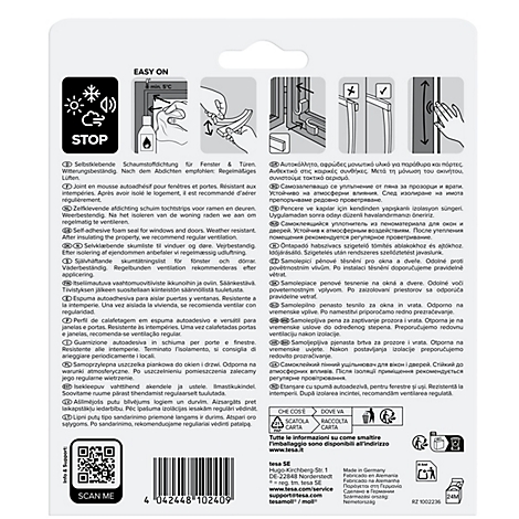 Rückseite einer Produktverpackung für Fensterdichtungen mit bebilderten Anwendungshinweisen und mehrsprachigen Texten.