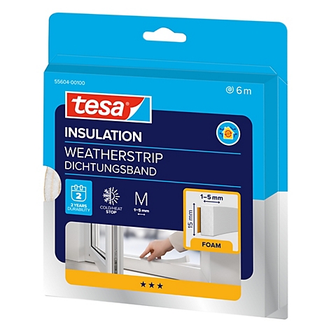 Tesa Dichtungsband Verpackung in Blau und Weiß mit Produktinfos, 6 Meter lang für 1-5 mm Spaltbreite.