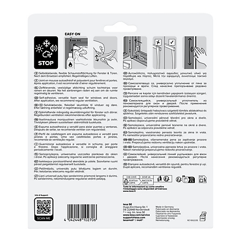 Rückseite einer tesa Produktverpackung mit Anwendungsanleitung für Fenster- und Türdichtungen.