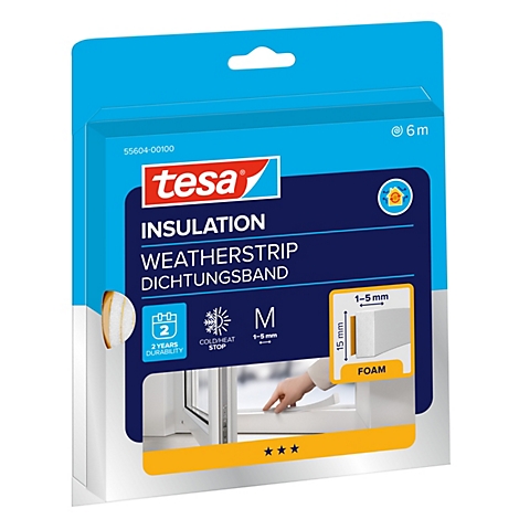 Produktverpackung von tesa Dichtungsband mit Schaumstoff für Spalten von 1 bis 5 Millimetern.