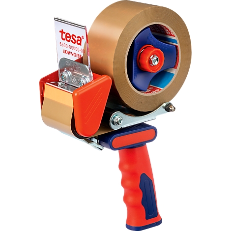 Tape dispenser, oranje-blauw met bruine tape rol.