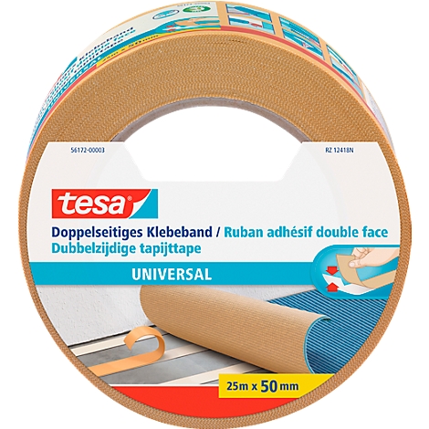 Close-up of a roll of double-sided adhesive tape from the Tesa brand. Product information and the words "UNIVERSAL" are printed on it.