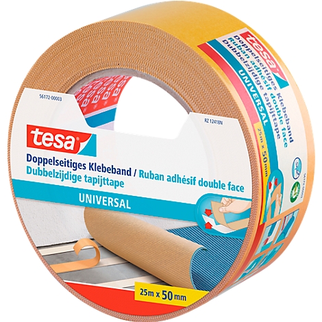 Roll of double-sided tape, brand Tesa. Inscription: Double-sided tape, Universal, 25m x 50mm.