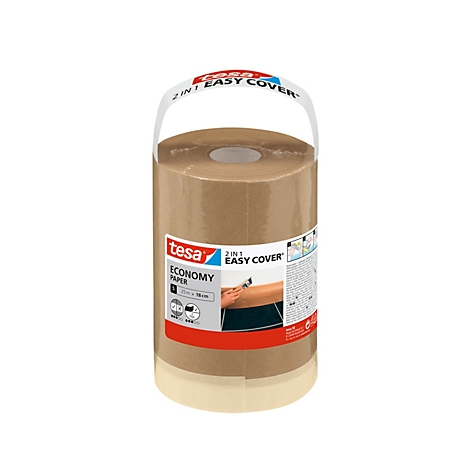 Tesapapier-Rolle, braun, mit Tragegriff. Aufdruck: 2 in 1 Easy Cover, Economy Paper.
