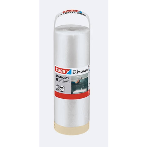 Zylindrische Rolle Tesafilm '2 in 1 Easy Cover'. Oben Tragegriff, darunter rot-weißes Logo und Produktinfos, darunter das Produkt im Anwendungsbeispiel.