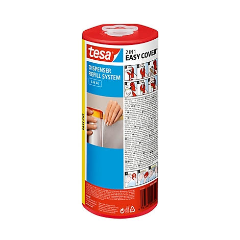 Cilindrische Tesa Easy Cover rol met tekst en instructies, voornamelijk rood, blauw en geel.