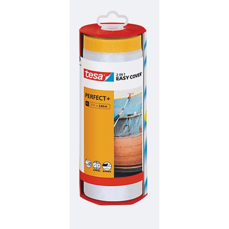 Eine Produktverpackung mit der Aufschrift "tesa PERFECT+". Gelbe und rote Farben dominieren das Design, mit einem weissen Hintergrund.