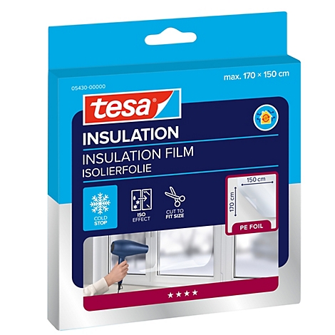 Produktverpackung von tesa Isolierfolie für Fenster mit Anwendungsdarstellung und Maßen.