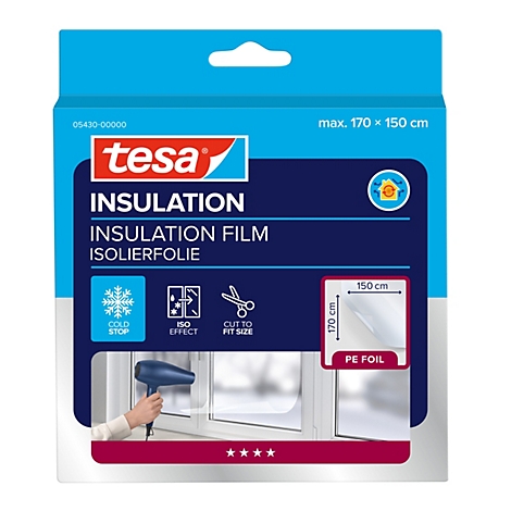 Tesa Isolierfolie Verpackung mit Anwendungsbeispiel eines Föhns am Fenster.