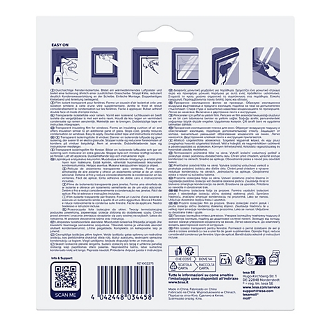 Rückseite einer Produktverpackung mit grafischer Montageanleitung für Fenster-Isolierfolie.