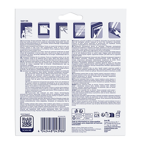 Rückseite einer tesa Fenster-Isolierfolien-Verpackung mit Montageanleitungs-Grafiken und mehrsprachigem Text.