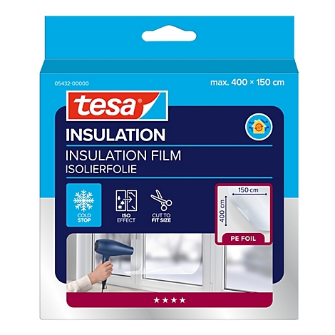 Tesa Isolierfolie Verpackung mit Anwendungsbeispiel eines Haartrockners an einem Fenster.
