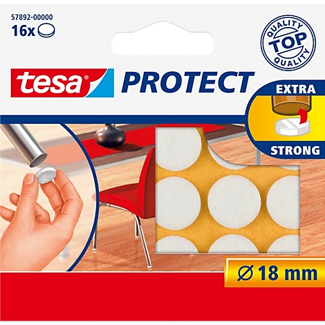Eine Hand hält eine runde Filzgleiter, in einer Detailansicht ist das Produkt im Einsatz an einem Stuhlbein gezeigt. Auf der Verpackung steht "tesa Protect".
