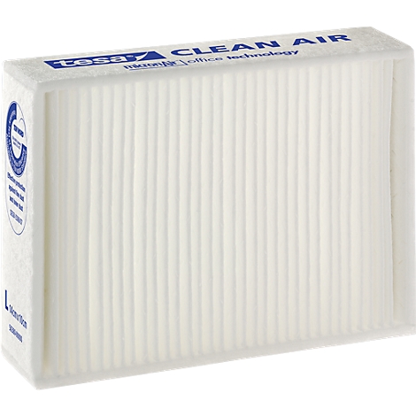 A white Tesa air filter with "Clean Air" and "Office Technology" printed on it. The filter structure is clearly visible.