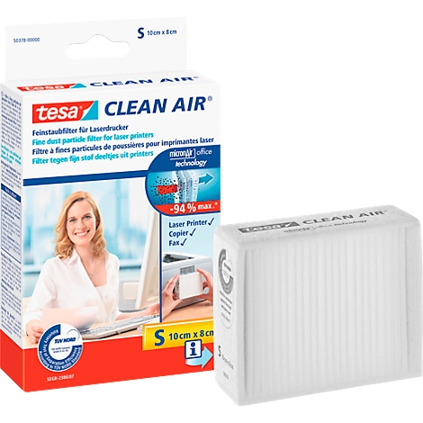 Tesa Clean Air filter. A filter and product packaging with a woman at a computer. Both products are bright white with blue and red accents.