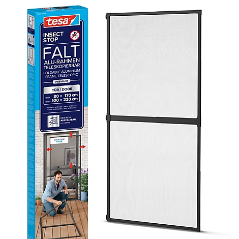 tesa® Fliegengitter INSECT STOP Premium, zum Befestigen an Türrahmen, mit teleskopierbarem Aluminiumrahmen, L 1000 x B 2200 mm, anthrazit-transparent