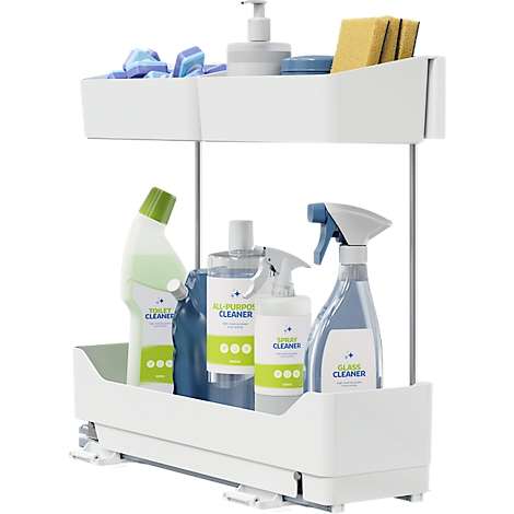 Étagère blanche à deux niveaux pour produits de nettoyage avec divers produits de nettoyage. En haut : éponges, savon et produits de nettoyage. En bas : sprays, nettoyants.