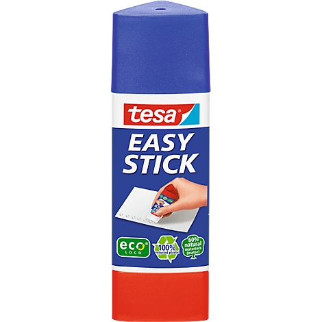 Tesa Easy Stick glue stick: Blue and red packaging with lettering and hand gluing paper. Eco logo.