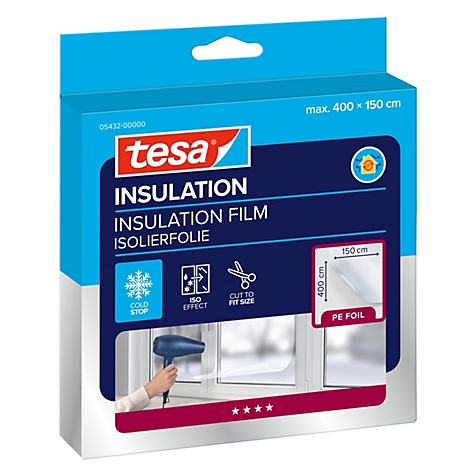 Tesa Isolierfolie Verpackung mit Anwendungsbild und Symbolen zur Energieeinsparung.