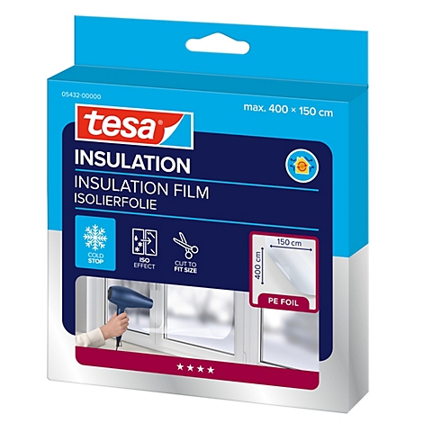 Produktverpackung der tesa Isolierfolie für Fenster zur Wärmedämmung mit Anwendungshinweisen.