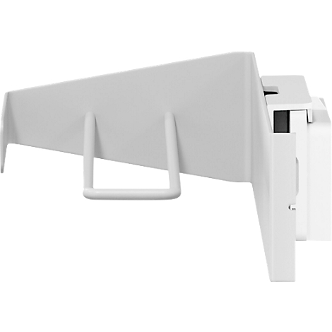 Witte wandplank, zijaanzicht. Met beugel en handvat.