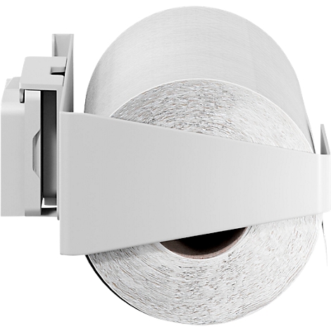 Rol wit papier in een witte houder. De houder is bevestigd aan een muurbevestiging.