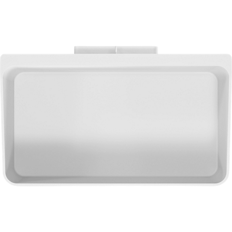 Vue de dessus d'un conteneur rectangulaire blanc avec deux poignées.