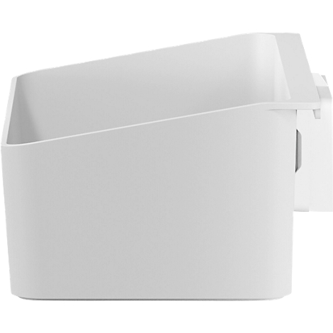 Boîte de rangement blanche aux parois inclinées. Elle est fixée à un support.
