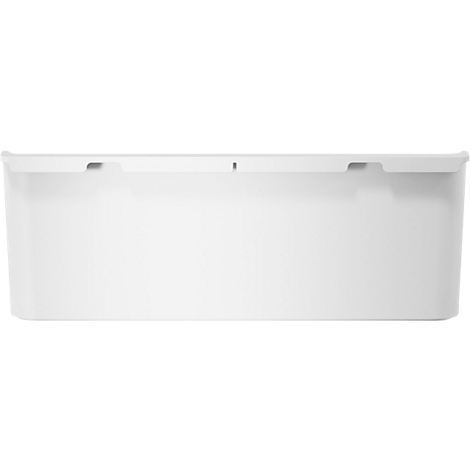 Récipient blanc et rectangulaire avec des bords biseautés et des renfoncements sur le dessus.